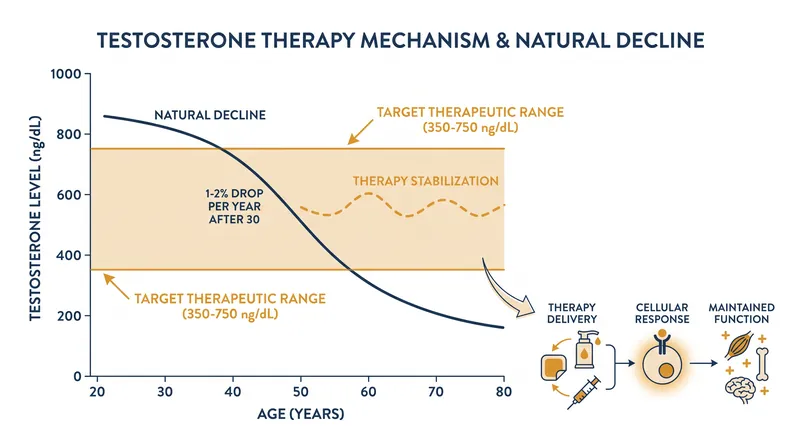 Testosterone levels naturally decline by 1% to 2% each year after age 30, often dropping below the standard physiological range.