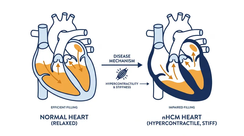 In non-obstructive HCM, the heart muscle becomes hypercontractile and stiff, failing to relax properly between beats.