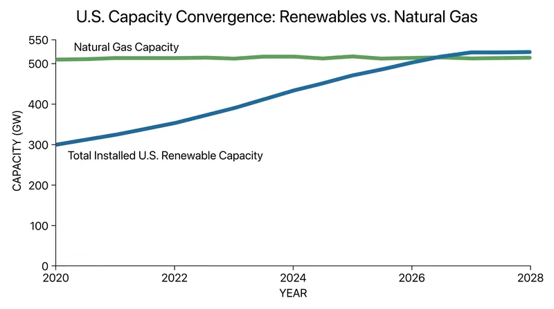 Total installed renewable capacity is on track to rival the U.S. natural gas fleet by late 2026.