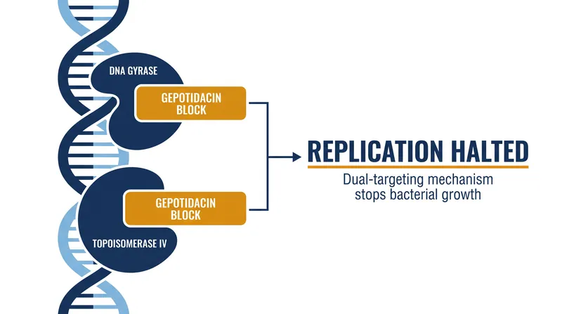 Gepotidacin targets two different bacterial enzymes simultaneously, making it mathematically difficult for bacteria to develop resistance.