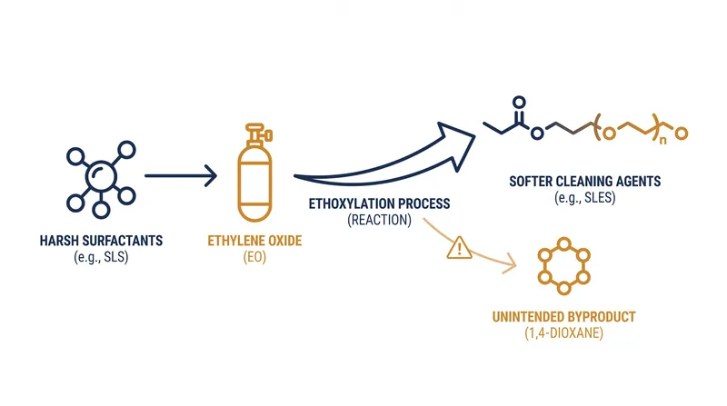 1,4-dioxane is an unintended byproduct of the ethoxylation process used to manufacture common surfactants.