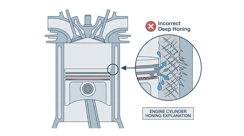 Improperly machined crosshatch grooves on the cylinder walls prevent the piston rings from sealing, leading to rapid oil consumption.
