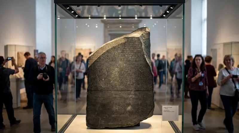 The Rosetta Stone has been on display at the British Museum in London since 1802, following its transfer under the Treaty of Alexandria.