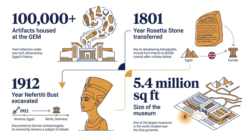 By the numbers: The scale of the Grand Egyptian Museum and the timelines of the disputed artifacts.