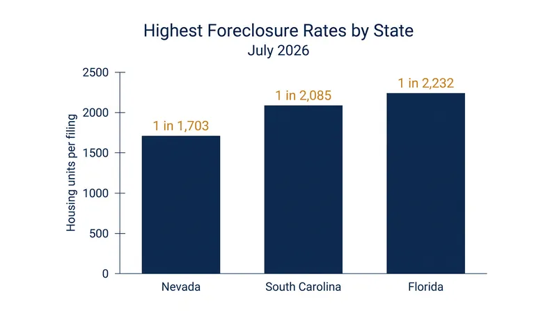 Foreclosure stress remains highly localized, with Nevada, South Carolina, and Florida recording the highest per-capita filing rates.
