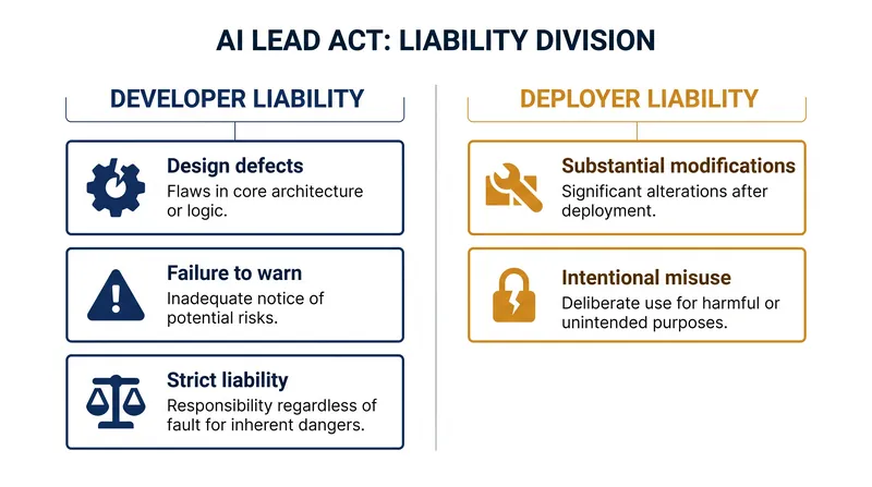 How the AI LEAD Act splits legal responsibility between the creators of AI models and the businesses that deploy them.