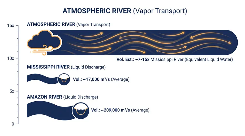 A single strong atmospheric river can transport up to 15 times the water volume of the Mississippi River.