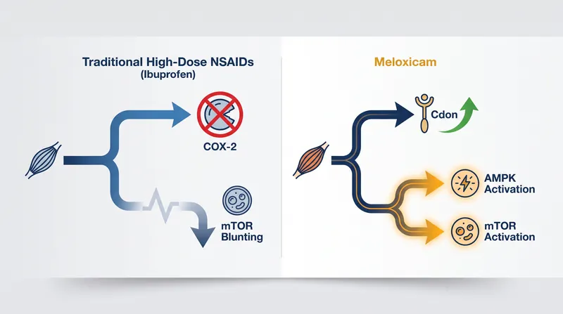 How meloxicam's pathway activation differs from traditional muscle-blunting anti-inflammatories.