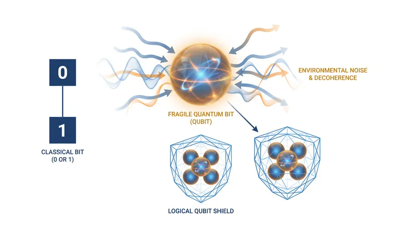Unlike classical bits, qubits are highly susceptible to environmental noise, requiring complex error correction.
