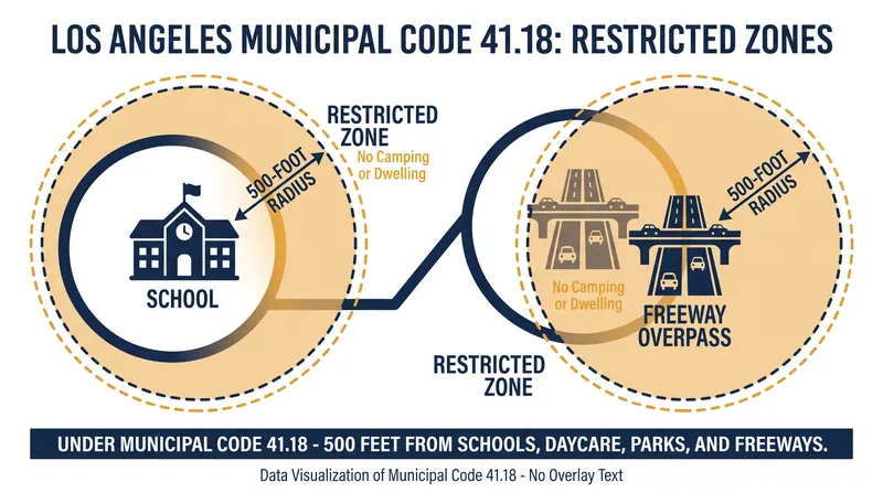 How Municipal Code 41.18 establishes 500-foot enforcement buffers around sensitive locations.
