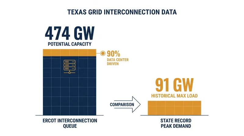 Pending interconnection requests currently exceed the Texas grid's historical peak demand by more than five times.