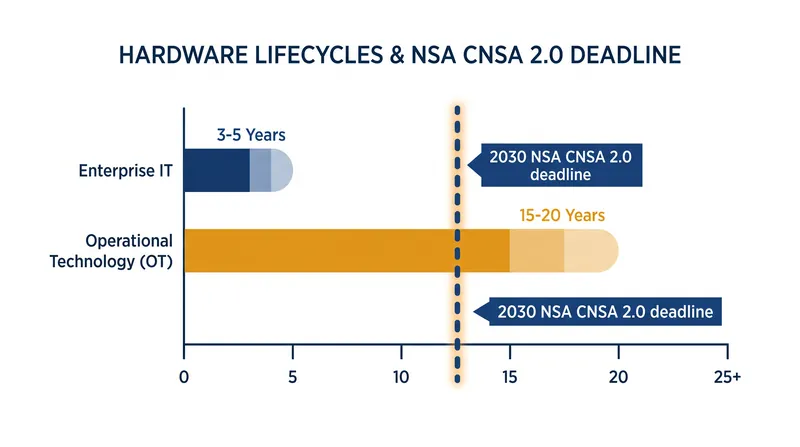 Operational technology lifecycles extend far beyond the 2030 compliance deadline, creating a retrofit challenge.