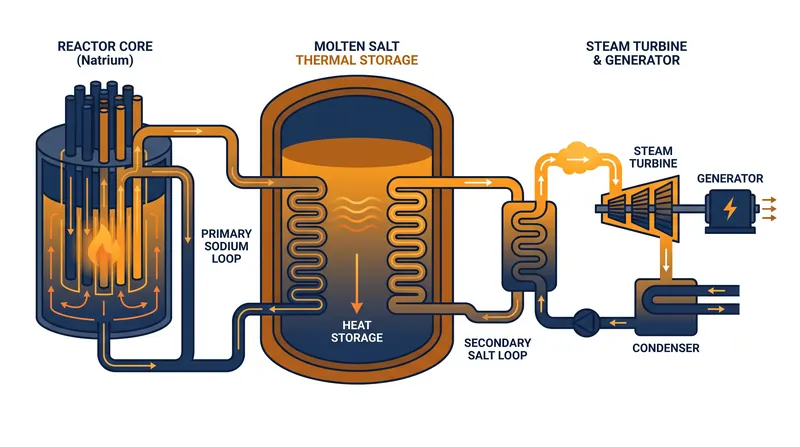 The Natrium system uses molten salt storage to decouple heat generation from electricity production, allowing it to act as a thermal battery.