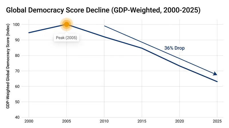 When weighted by economic power, global democracy levels have fallen by 36 percent since 2000.