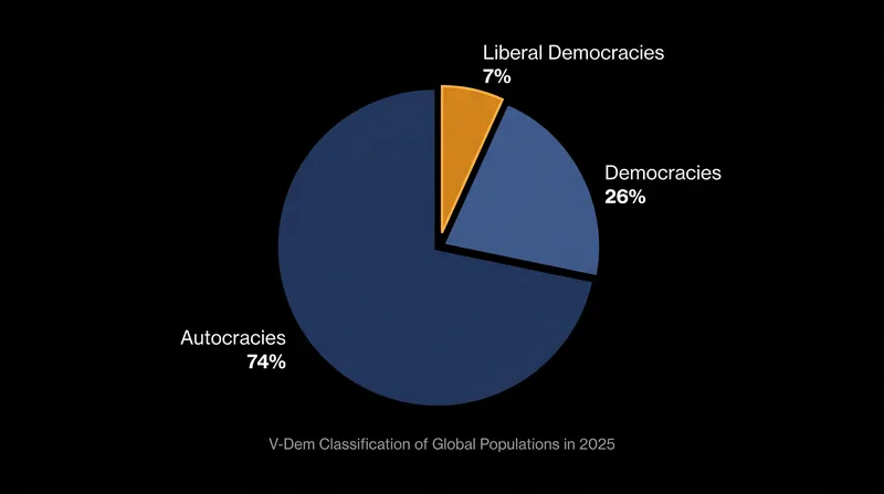 Nearly three-quarters of the global population now lives under autocratic rule, according to the 2026 dataset.