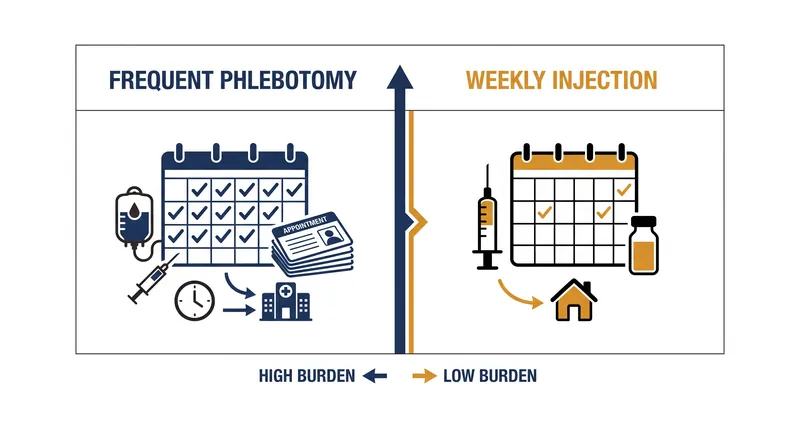 Mimrylo replaces the need for frequent therapeutic bloodletting with a once-weekly injection.