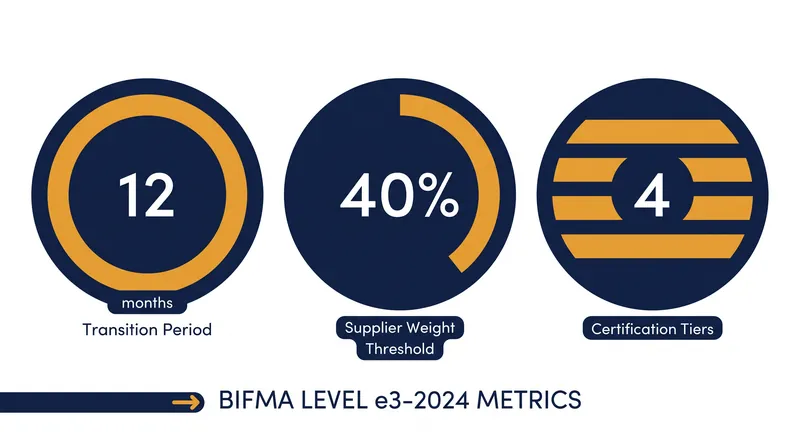 Key metrics and timelines for the updated BIFMA LEVEL e3-2024 standard.