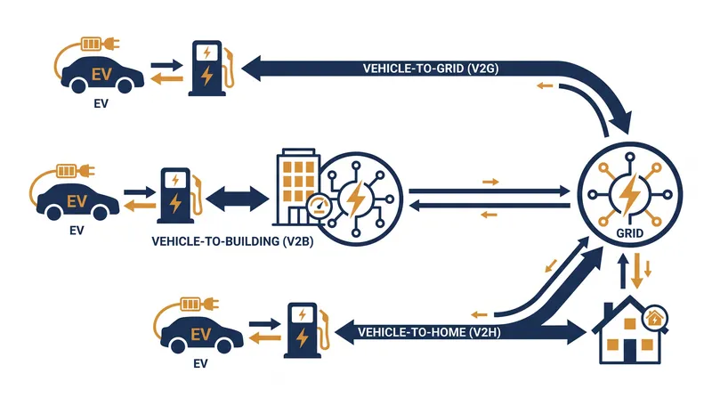 The three primary pathways of bidirectional charging dictate where stored vehicle energy is deployed.