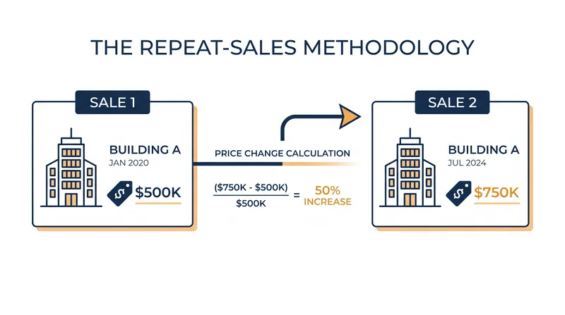 Repeat-sales indices track the exact same property across multiple transactions to isolate genuine market appreciation.