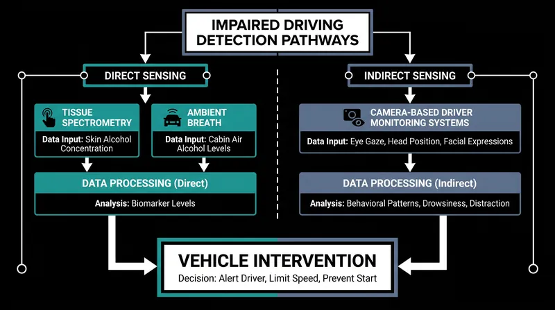 The two primary engineering pathways being developed to passively detect driver impairment.