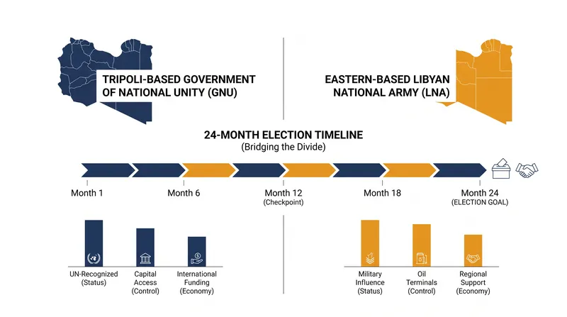 The structural divide between Libya's rival administrations and the proposed 24-month election timeline.