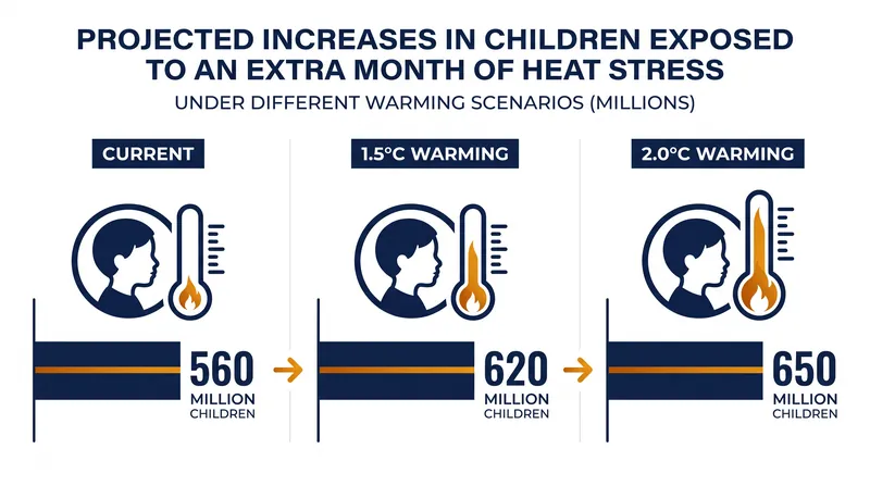 Projected exposure of children to extreme heat under future warming scenarios.