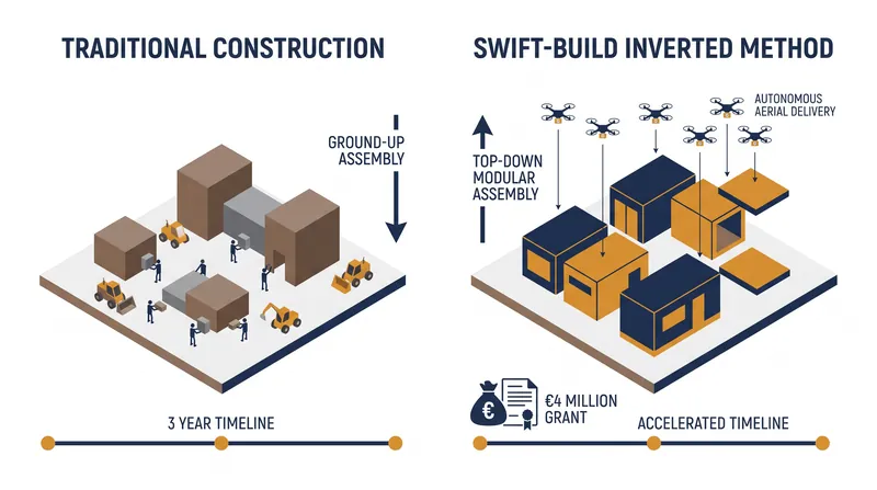 How the SWIFT-BUILD inverted construction method works compared to traditional bottom-up assembly.