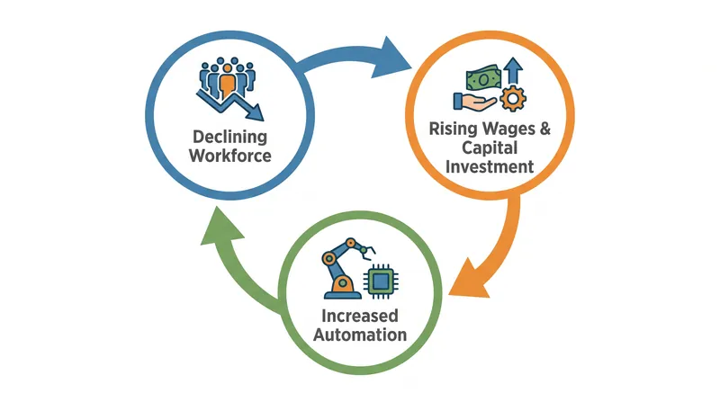 A shrinking labor force forces businesses to substitute capital and technology for human workers.