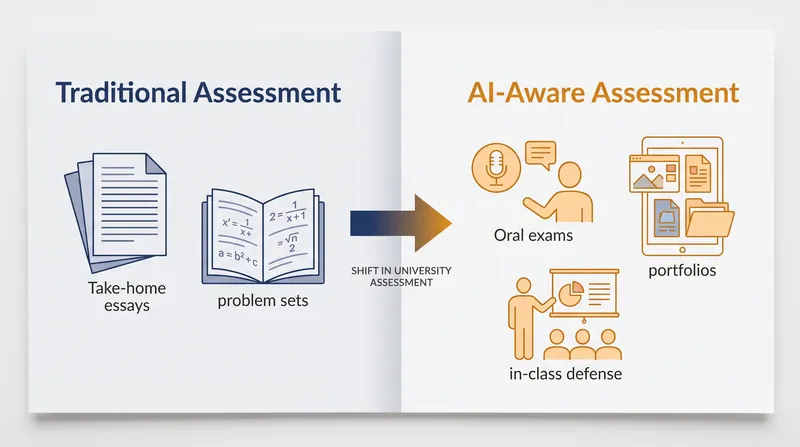 The proposed shift from AI-vulnerable homework to in-person, conversational assessment.