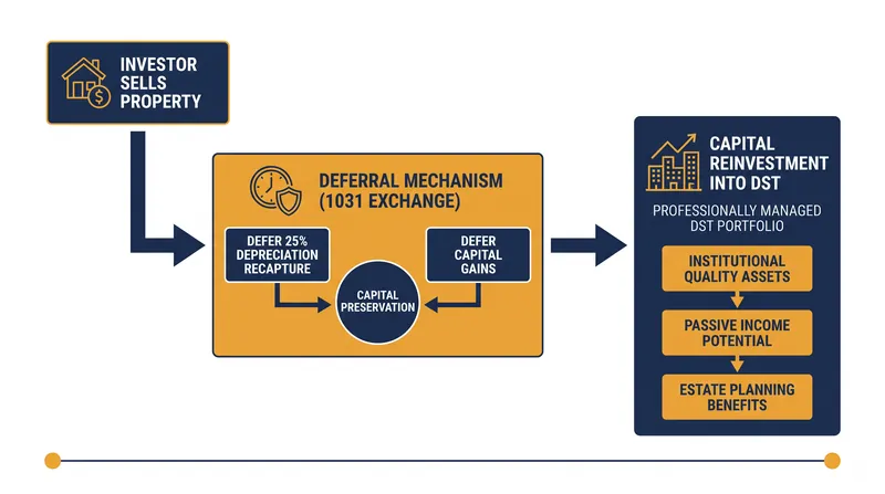 The 1031 exchange mechanism allows investors to defer capital gains and depreciation recapture taxes.