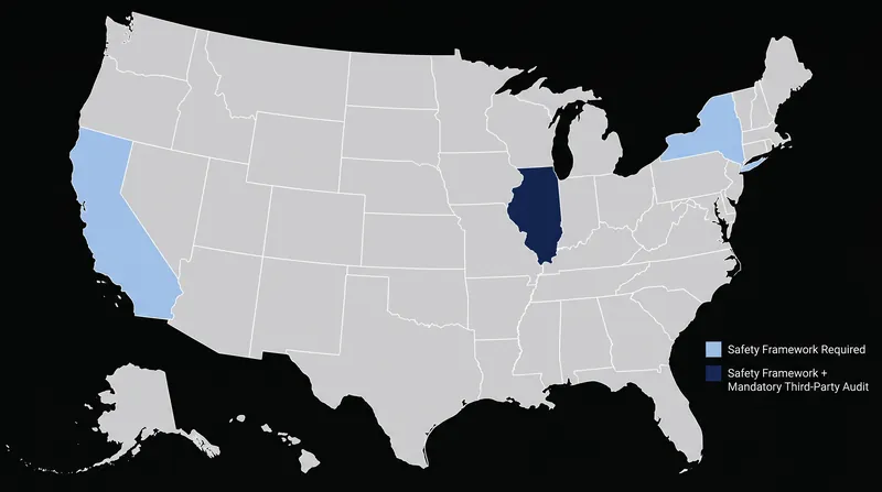 Illinois joins California and New York in regulating frontier AI, but goes further by requiring external verification.