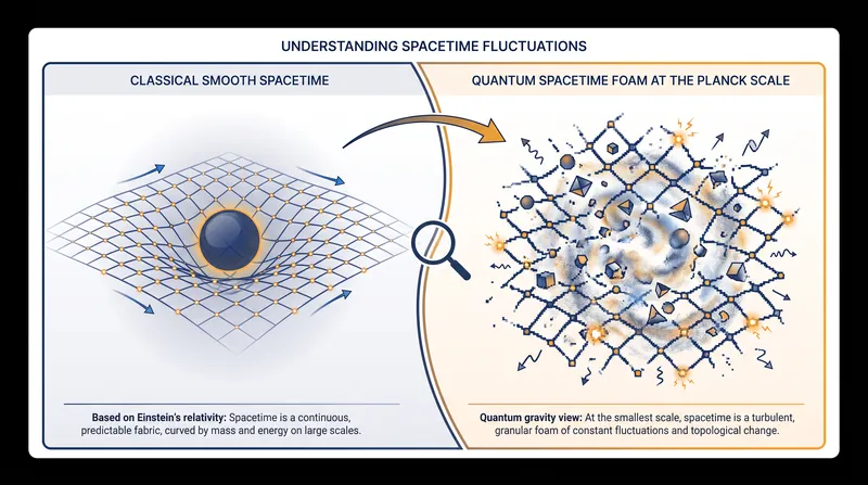 Quantum gravity theories predict that at the smallest scales, the fabric of spacetime ceases to be smooth and becomes a 'foam' of microscopic fluctuations.