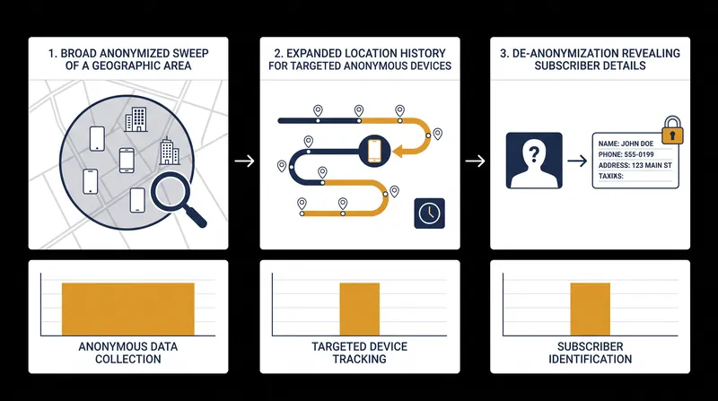 How a geofence warrant operates, moving from a broad geographic sweep to specific subscriber identification.