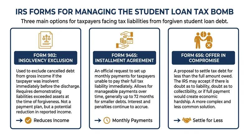Key IRS forms for managing a student loan tax liability.