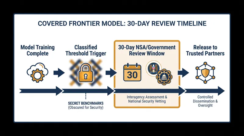 Under the new framework, models that cross classified capability thresholds face a 30-day government review window before public release.