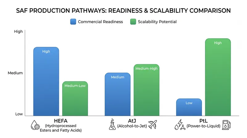 While HEFA dominates current production, synthetic PtL fuels offer the greatest long-term scalability.