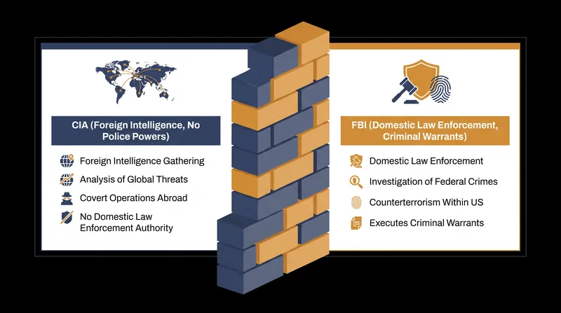 The historical 'wall' between foreign and domestic intelligence.