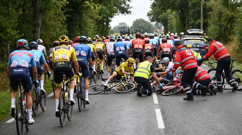 A massive pileup in the neutralized zone of Stage 8 forced multiple riders, including Diego Uriarte, to abandon the race.