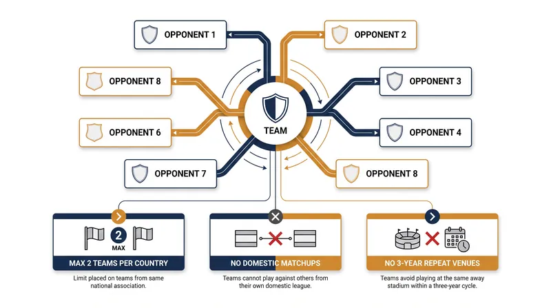 The automated software must balance multiple constraints to generate a valid eight-match schedule for all 36 teams.
