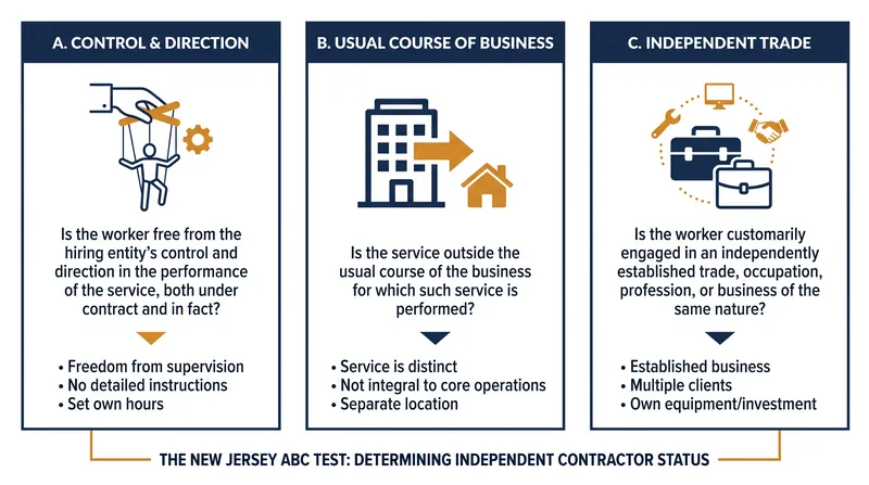 The three mandatory prongs of the New Jersey ABC test.