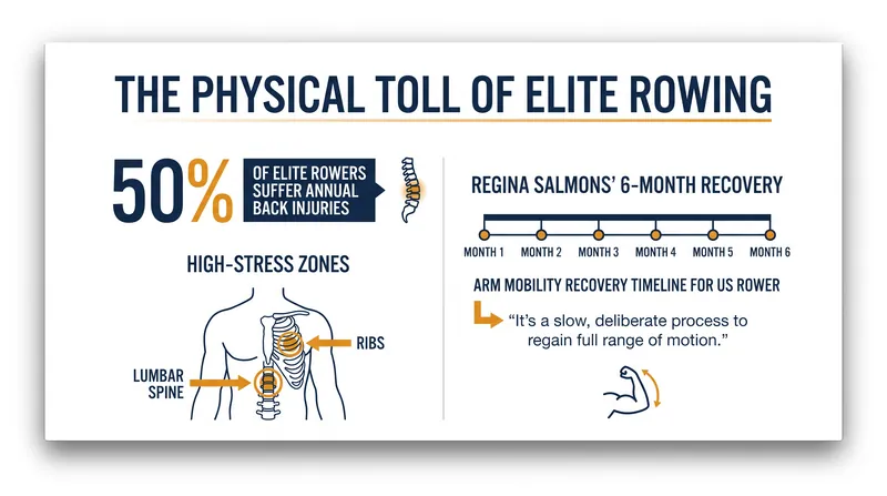 Despite its low-impact reputation, elite rowing places extreme repetitive stress on the lumbar spine and ribs.