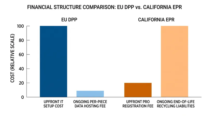 While California's EPR relies on ongoing end-of-life funding, the EU's DPP requires massive upfront capital expenditure in data architecture.
