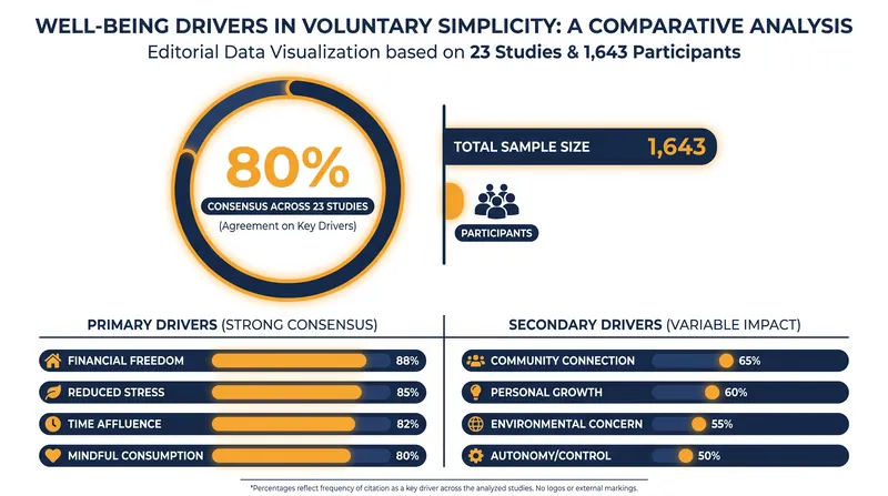 Across multiple large-scale studies, the link between voluntary simplicity and psychological well-being remains remarkably consistent.
