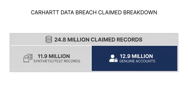 Security researchers found that nearly half of the records claimed by ShinyHunters were synthetic benchmark data.
