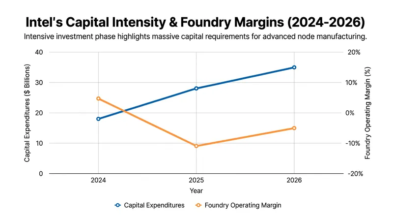 Capital expenditures have surged as Intel attempts to reclaim semiconductor manufacturing leadership.