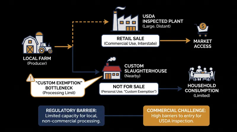 The current regulatory bottleneck forces local farmers to travel long distances for USDA inspection if they want to sell meat commercially.