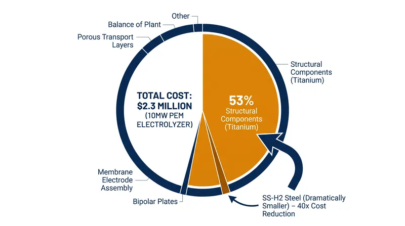 Replacing titanium with SS-H2 could drastically reduce the capital expenditure required for green hydrogen infrastructure.