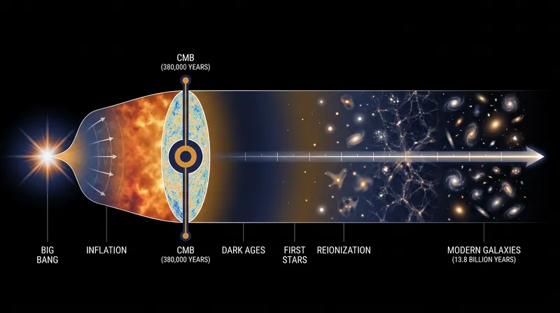 The timeline of the cosmos from the initial singularity to the present day.