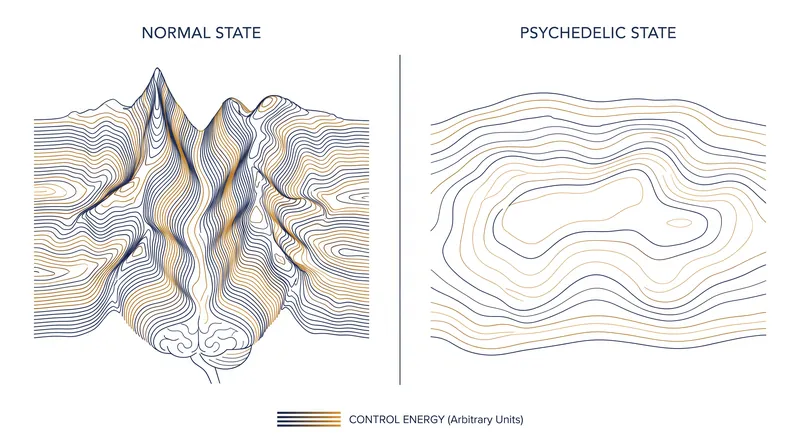 Under the influence of psychedelics, the brain's control energy landscape flattens, allowing for novel neural connections.