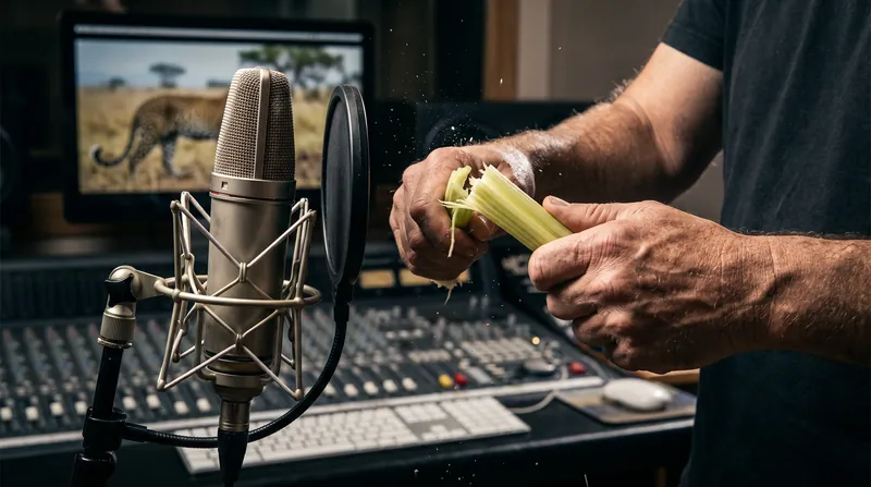 The visceral crunch of a predator's meal is often replicated in the studio using fresh vegetables.